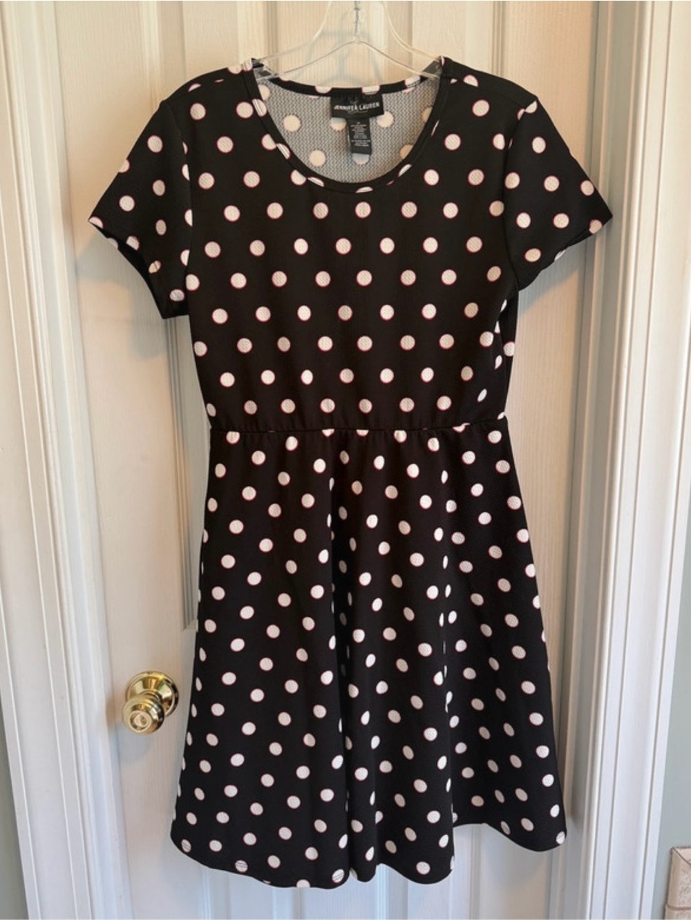 Black Polka Dot Fit & Flare Dress - White Dots with Pink Outline
